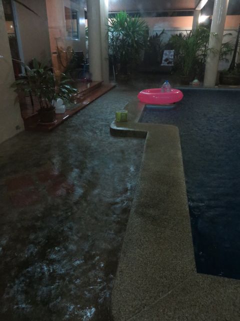 Meidän piha alkuyön rankkasateen kourissa.