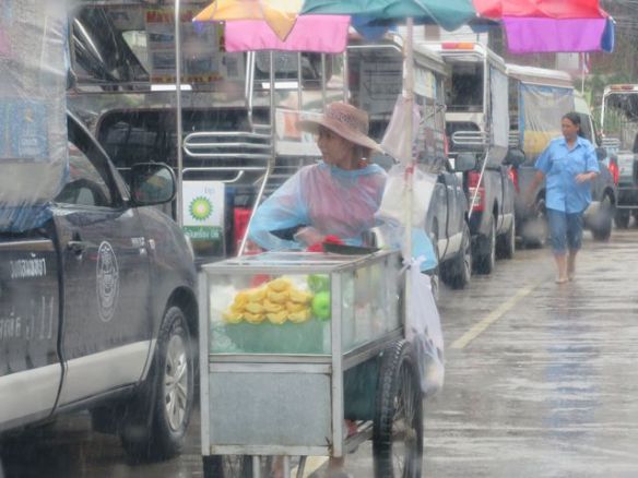 Hedelmien myyjä työssään kadulla -kaatosateessa.