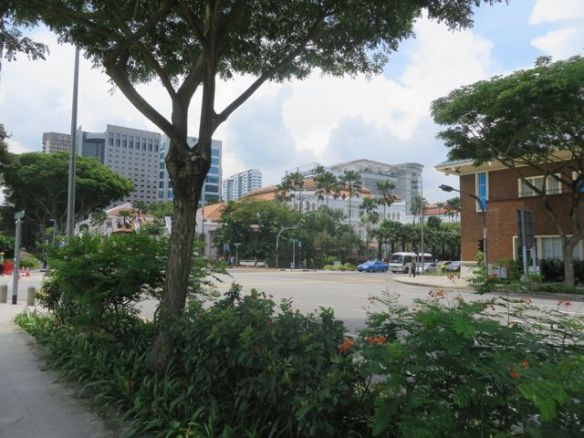 Singaporen kaupunkikuvaa: ei juurikaan ihmisiä, paljon autoja ja varsinkin takseja, ei yhtään mopoja! Kliinisiä rakennuksia (joista joka toinen on pankki) ja siistejä, suoria katuja.