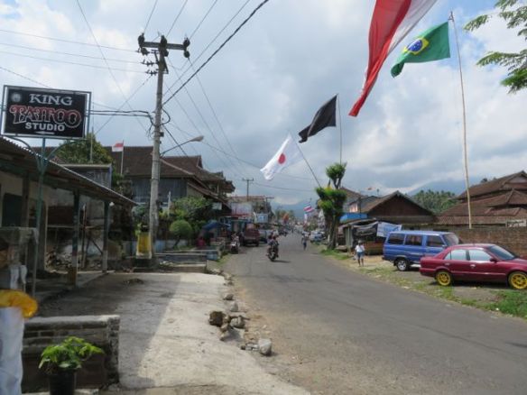 Lähes kaikissa pikkukaupungeissa liputettiin suurilla, eri maiden lipuilla. Syy ei meille selvinnyt